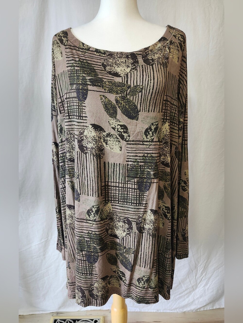 Blue Sky Taupe Patterned Long Sleeve Tee with Black & Olive Accent. Bamboo Blend